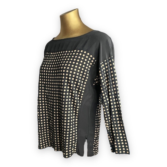Hi Line Silk Viscose Top Shirt Black Tan Polka Dot Contrast Very Soft Size Small - Picture 2 of 5